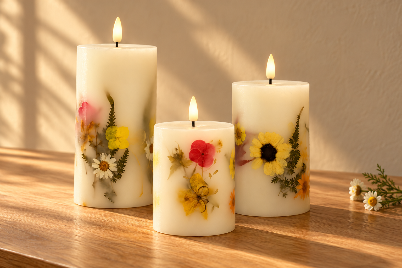 AI-styled sunlit wooden table scene featuring BESTER botanical LED candles